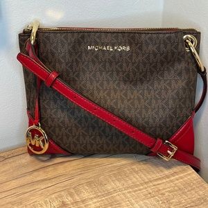 Michael Kors Cherry Red and Brown Nicole Crossbody Purse